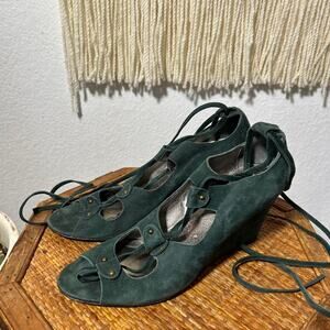 J CREW Green Suede Peep Toe Tie Lace Up Leather‎ Suede Wedge Sandals 8,5